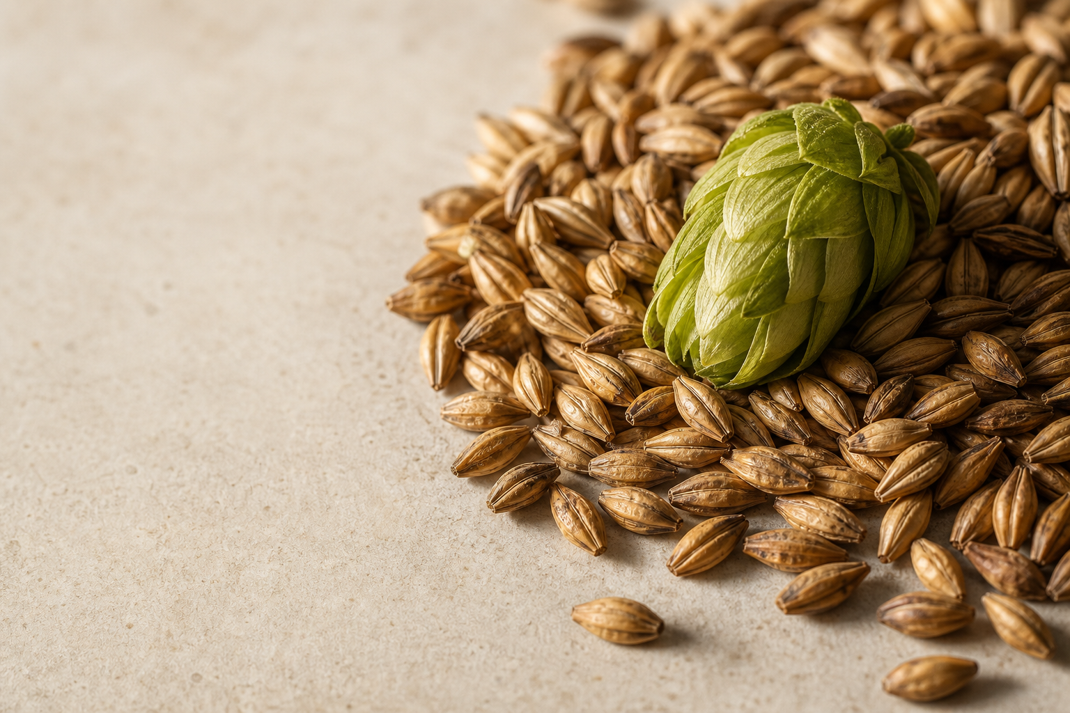 Cônes de houblon frais et grains de malt sur pierre claire