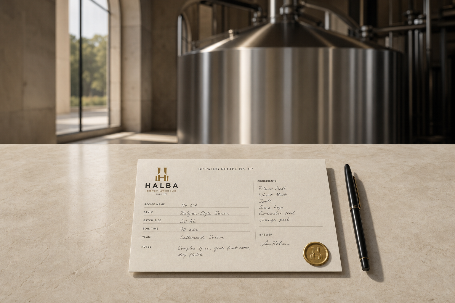 Fiche recette Halba No 07 scellée à la cire brass, sur comptoir de pierre claire, cuve inox et baie cintrée en arrière-plan