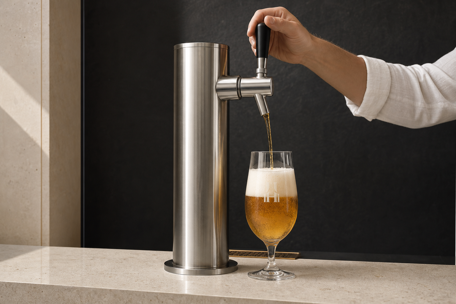 Tireuse en inox brossé, main du brasseur tirant une bière dans un verre Halba