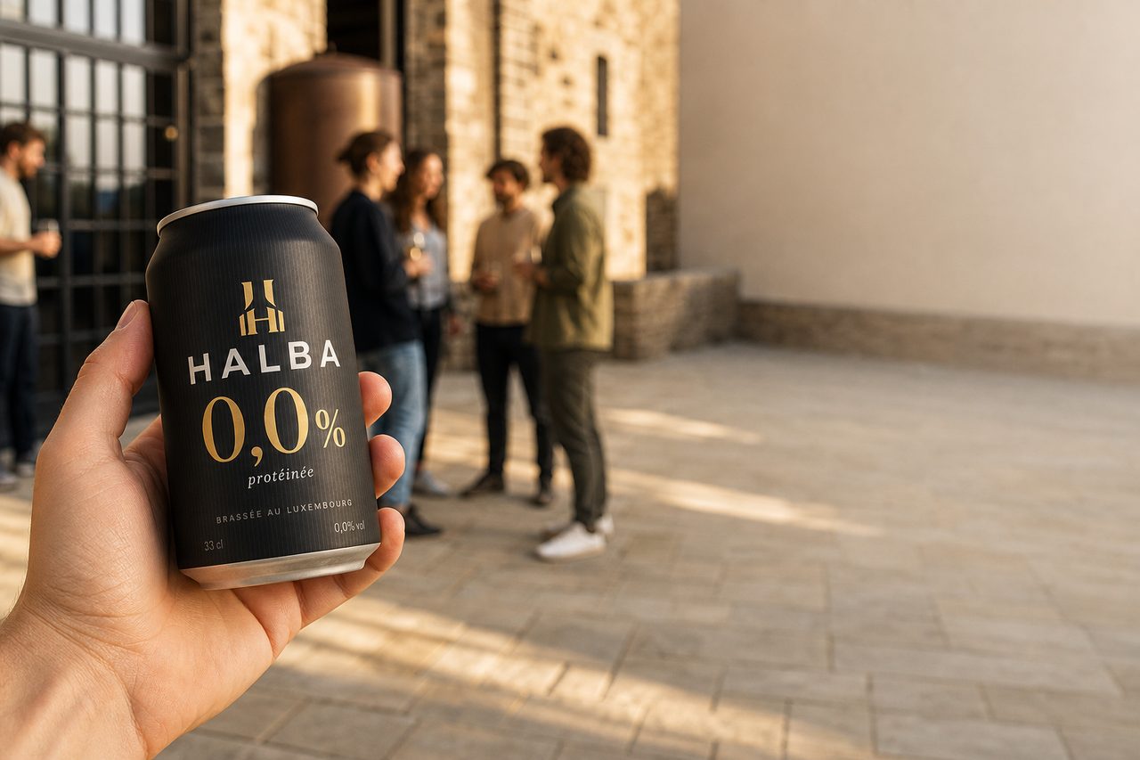 Soirée halle brassicole — main tenant une canette Halba 0,0%